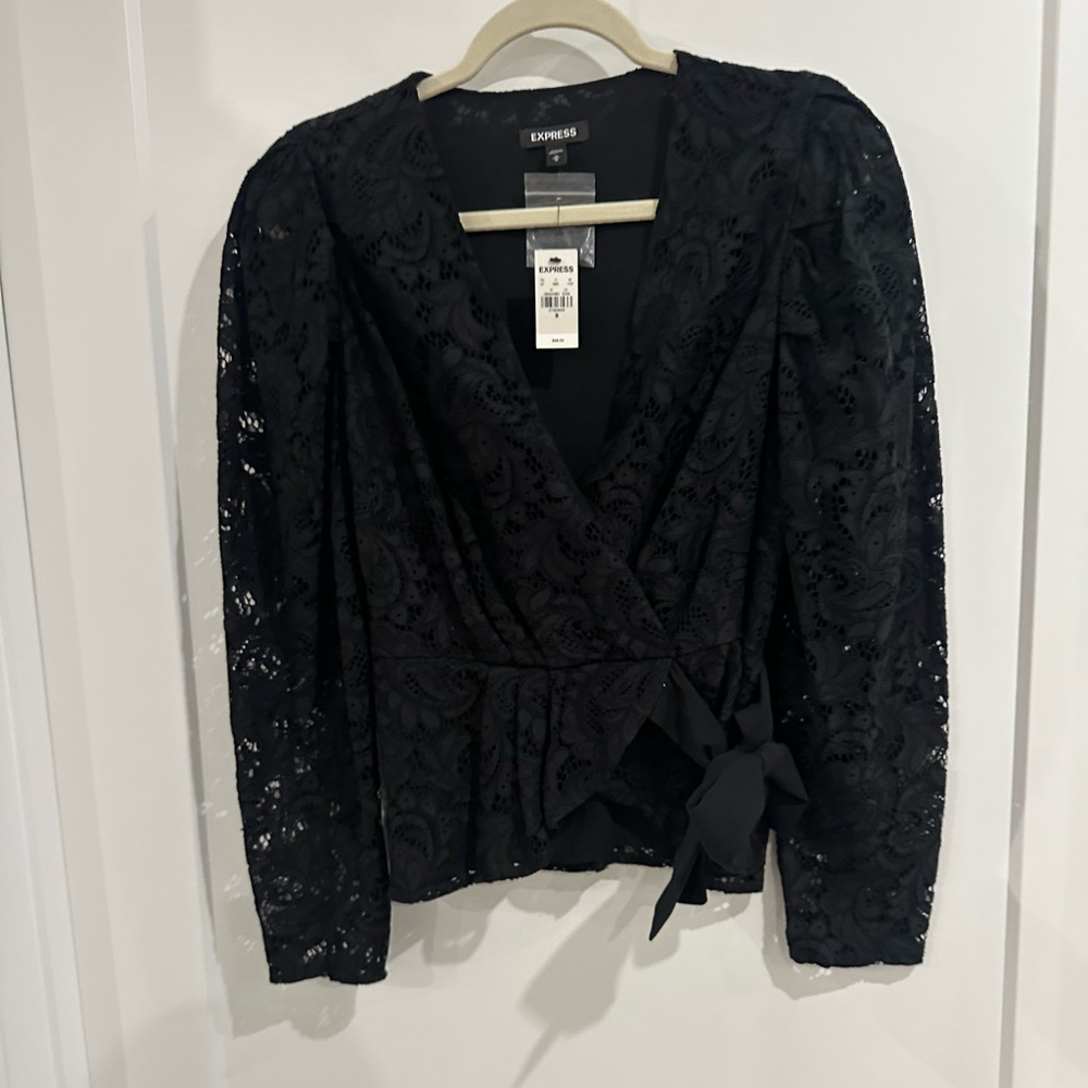 Express Lace V-Neck Long Sleeve Tie Waist Peplum Top - Picture 10 of 16
